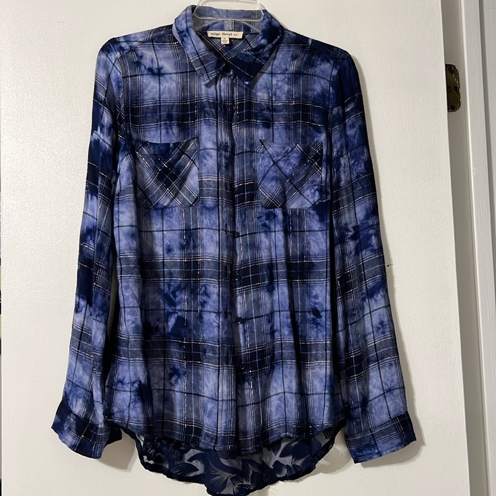 Indigo Thread Co Blue and Black Plaid Flannel Metallic Threaded Laced Back M